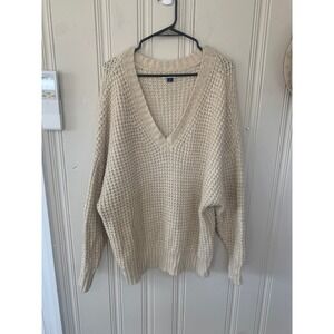 American Eagle Womens XL Cream Waffle Knit Oversized V-Neck Sweater Ivory Chunky